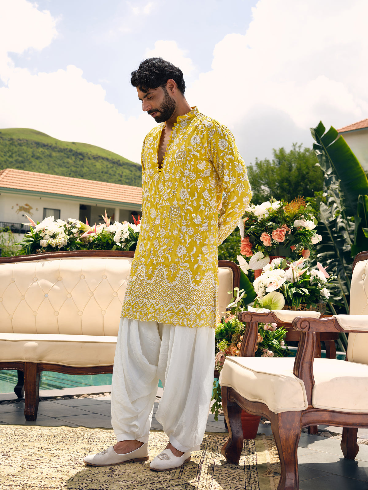 Lemon Sorbet Tissue Silk Short Kurta Set with Zari Embroidery and Sequins