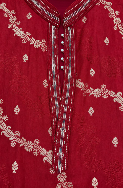 Red Jacquard Silk Short Kurta Set with Multicolour Embroidery & Bead Work