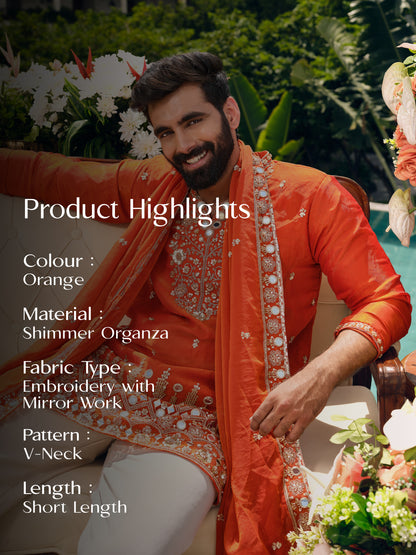 Orange Shimmer Organza Kurta with Dupatta Set with Zari Embroidery and Mirror Work