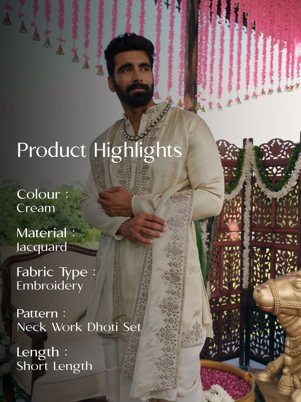 Cream Jacquard Dhoti Kurta Set with Gotta Patti Work