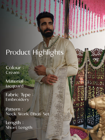 Cream Jacquard Dhoti Kurta Set with Gotta Patti Work