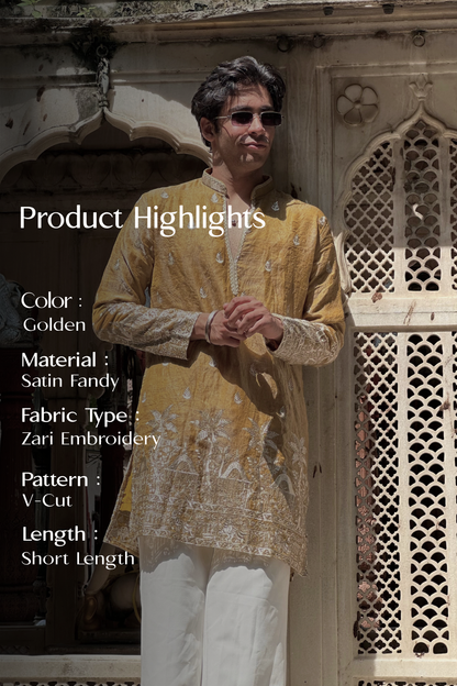 Golden Satin Fancy Short Kurta Set with Zari Embroidery