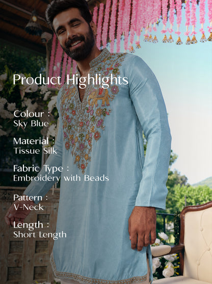 Sky Blue Tissue Silk Short Kurta Set with Embroidery and Bead Work