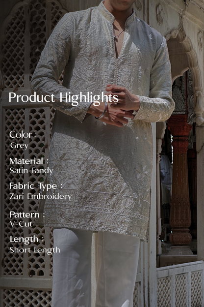 Grey Satin Fancy Short Kurta Set with Zari Embroidery