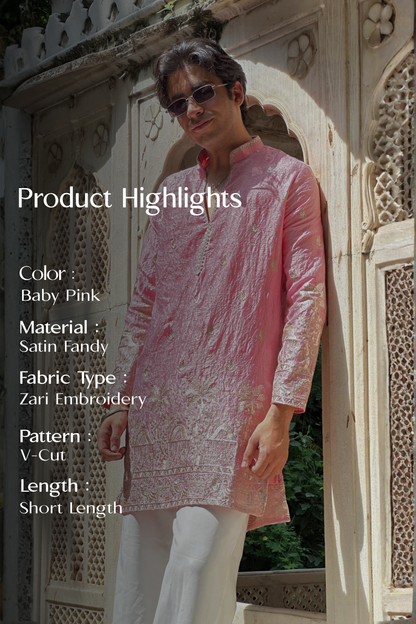 Light Pink Satin Fancy Short Kurta Set with Zari Embroidery