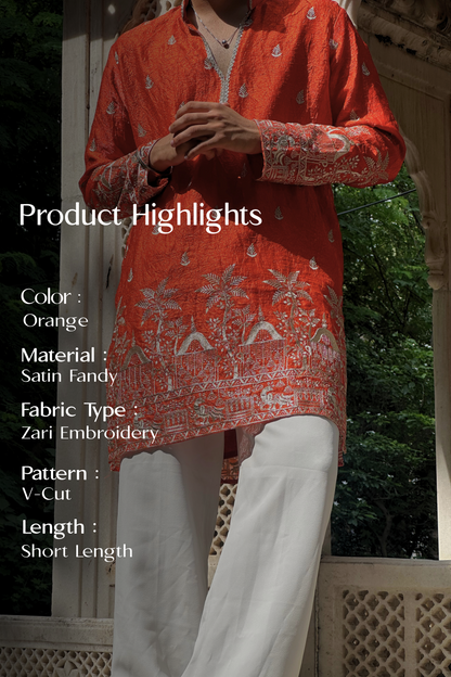 Orange Satin Fancy Short Kurta Set with Zari Embroidery