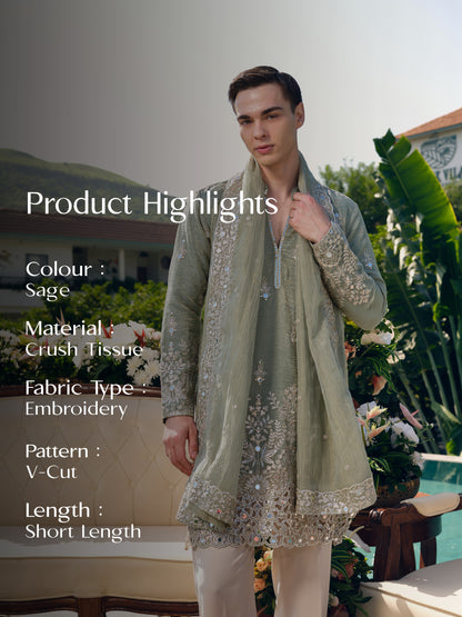 Sage Crushed Tissue Kurta with Dupatta Set with Zari Embroidery, Mirror and Cut Work