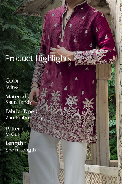 Wine Satin Fancy Short Kurta Set with Zari Embroidery