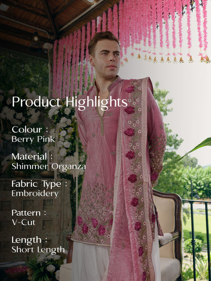 Berry Pink Shimmer Organza Kurta Dupatta Set with Embroidery