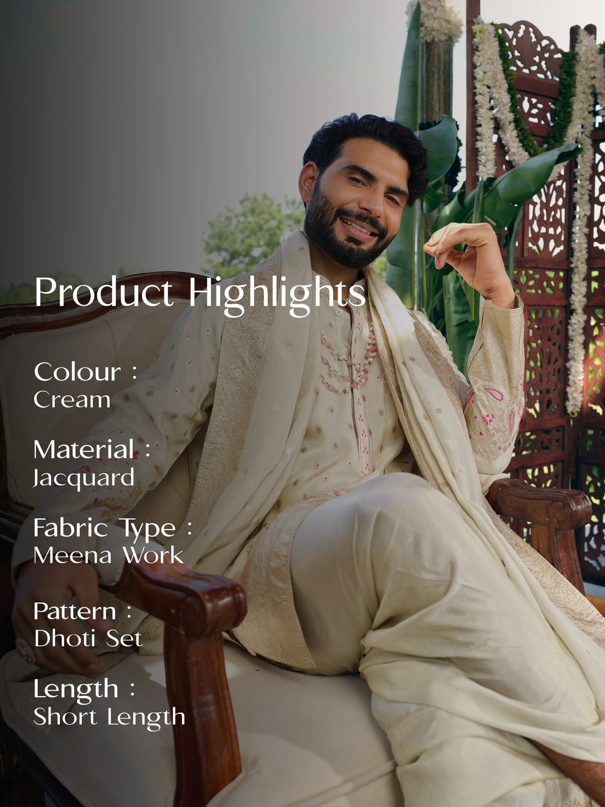 Cream Jacquard Dhoti Kurta Set with Meena Work
