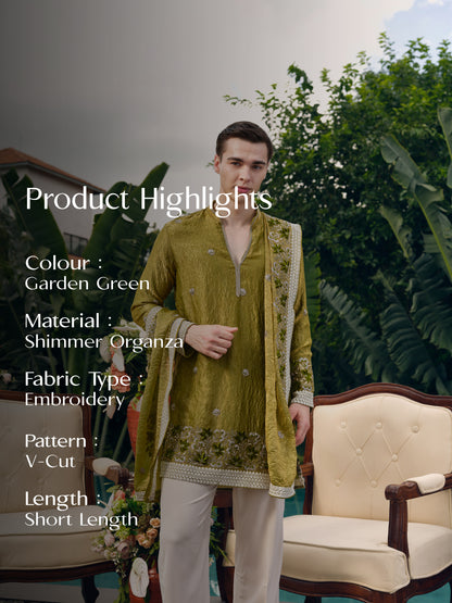 Garden Green Shimmer Organza Kurta with Dupatta Set with Floral Zari Embroidery and Sequins