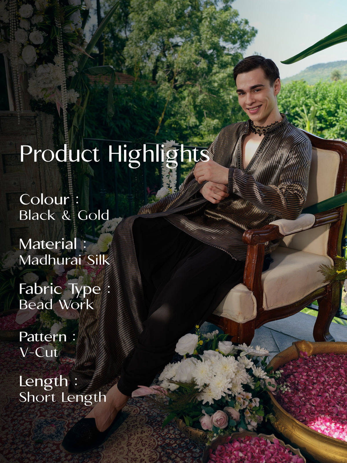Black & Gold Madhurai Silk Kurta Dupatta Set with Bead Work