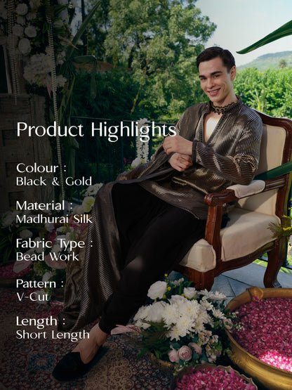 Black & Gold Madhurai Silk Kurta Dupatta Set with Bead Work