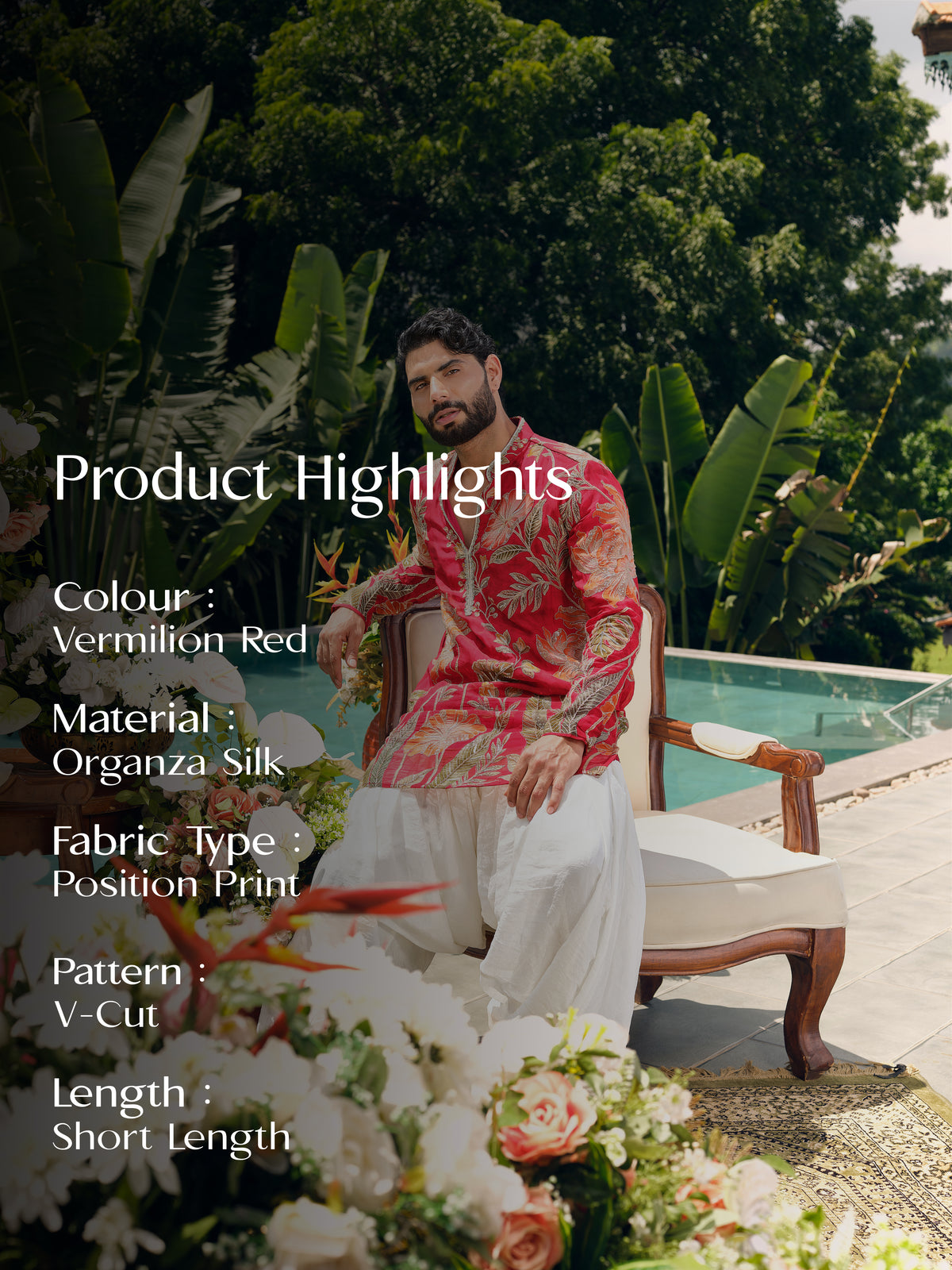 Vermilion Red Orgenza Silk Short Kurta Set with Position Print and Coding