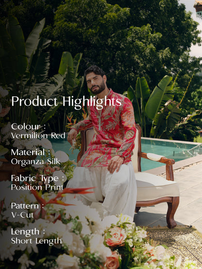 Vermilion Red Orgenza Silk Short Kurta Set with Position Print and Coding