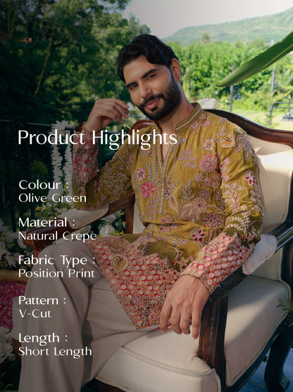 Olive Green Short Kurta Set with Position Print
