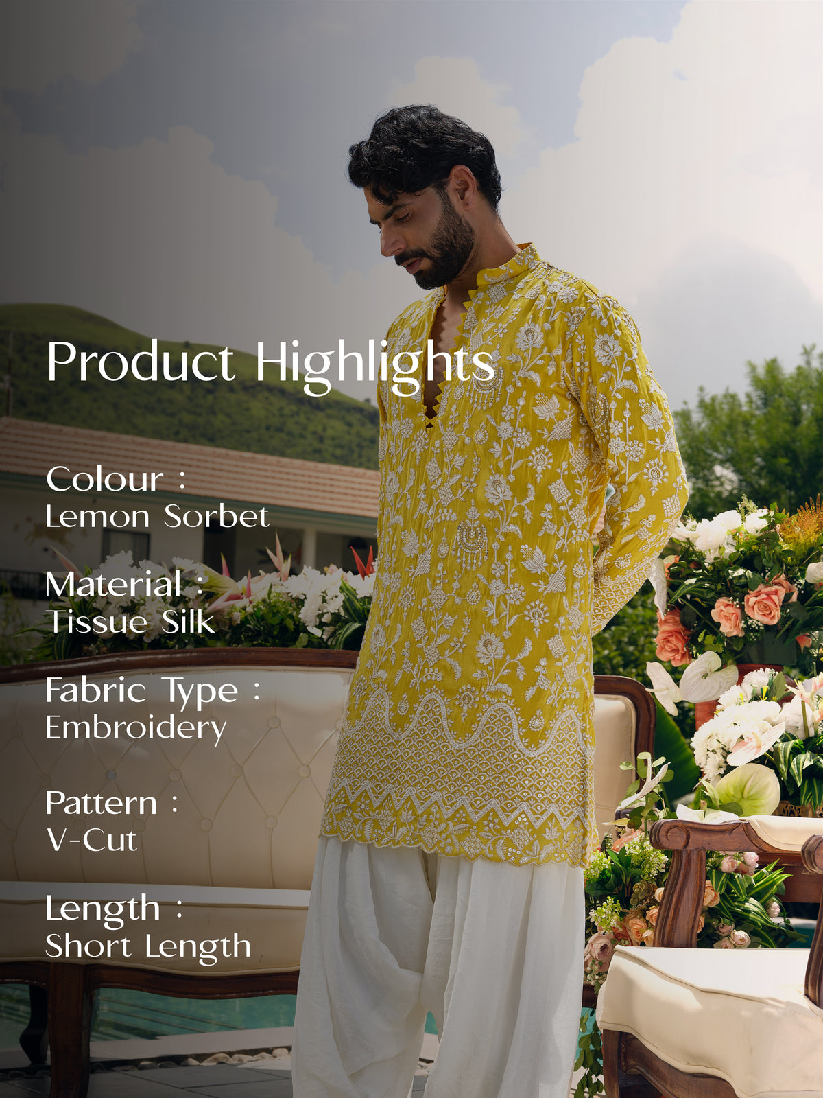 Lemon Sorbet Tissue Silk Short Kurta Set with Zari Embroidery and Sequins