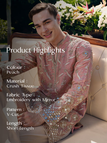 Peach Short Kurta Set with Mirror Embroidery