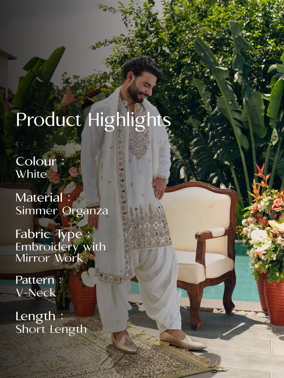 White Shimmer Organza Kurta with Dupatta Set with Zari Embroidery and Mirror Work
