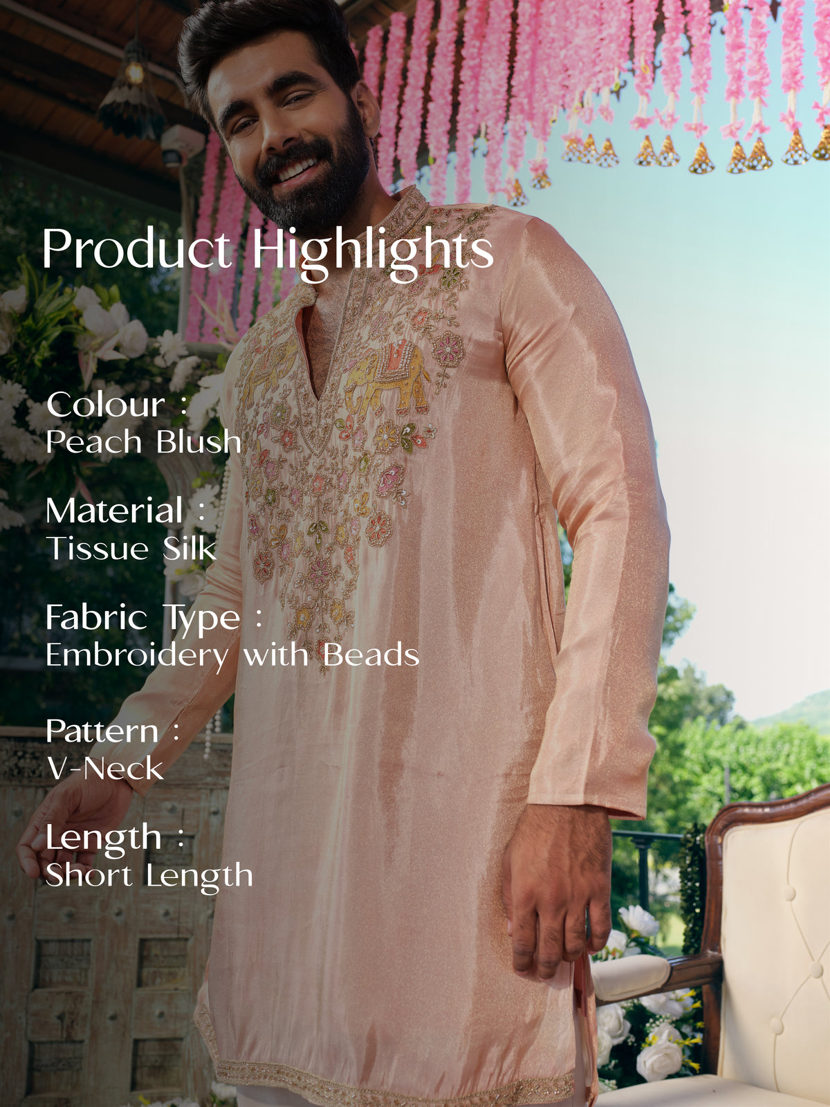 Peach Blush Tissue Silk Short Kurta Set with Embroidery and Bead Work
