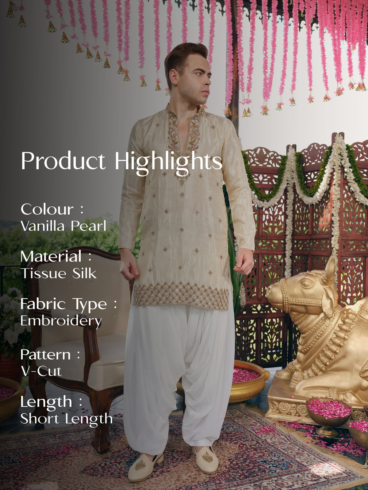 Champagne Cream Tissue Silk Short Kurta Set with Embroidery and Bead Work