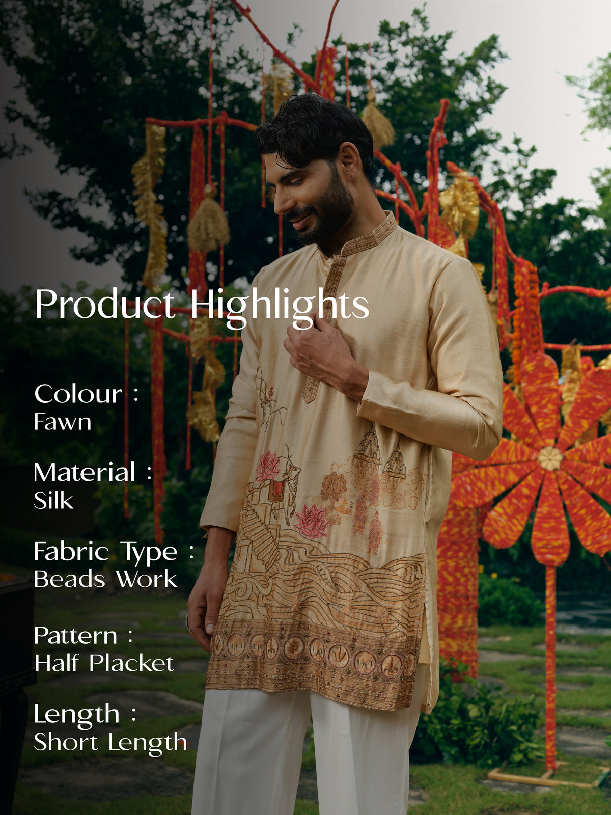 Fawn Silk Short Kurta Set with Bead Work