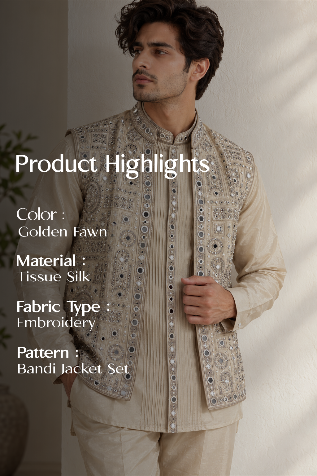 Cream Tissue Silk Bandi Jacket Kurta Set with Mirror Work and Thread Embroidery