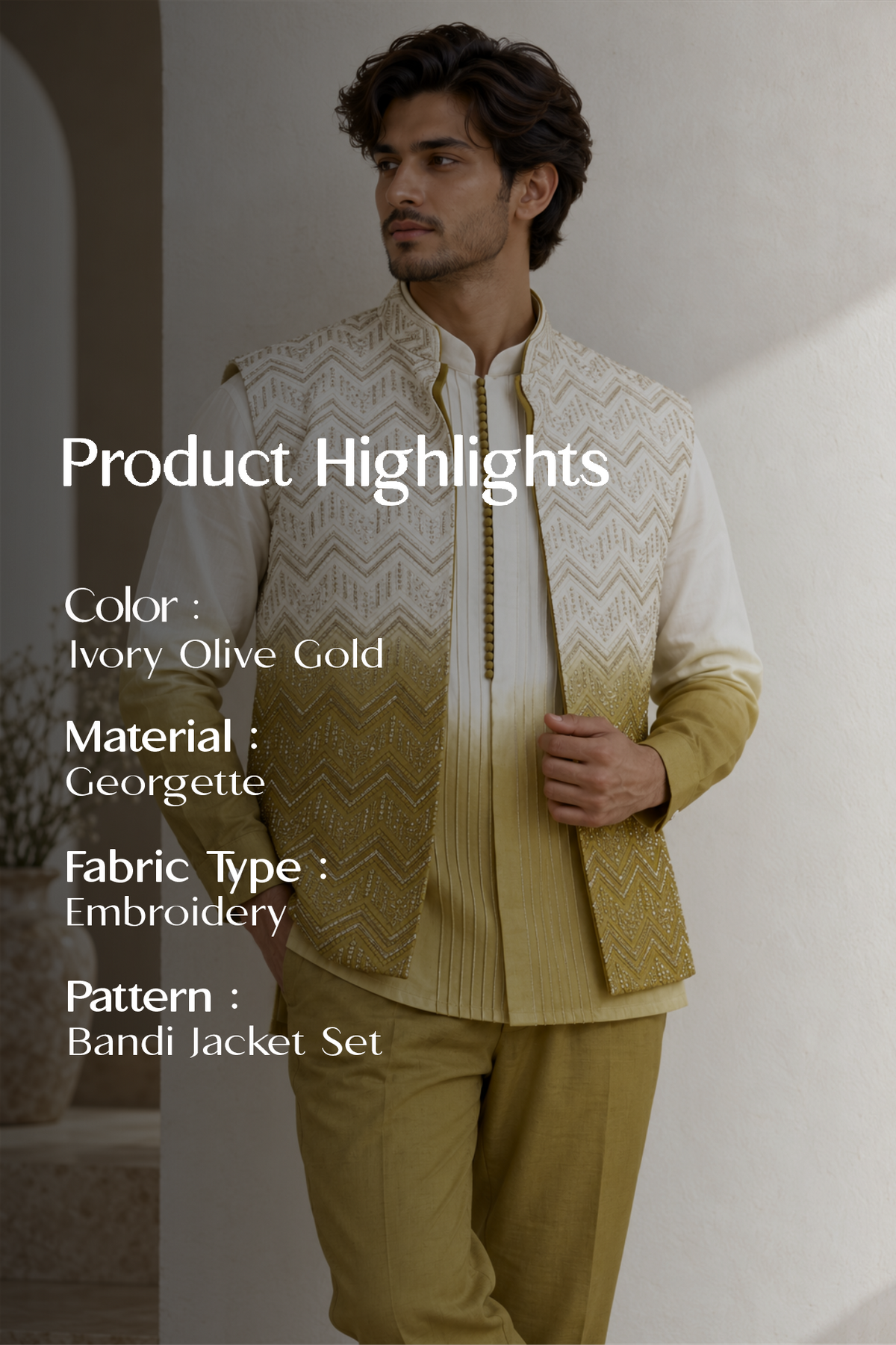Ivory Olive Gold Georgette Bandi Jacket Kurta Set with Thread Embroidery and Sequins