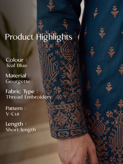 Blue Georgette Short Kurta Set with Thread & Sequins Embroidery