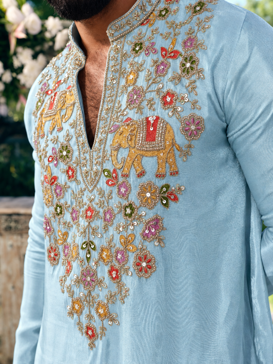 Sky Blue Tissue Silk Short Kurta Set with Embroidery and Bead Work