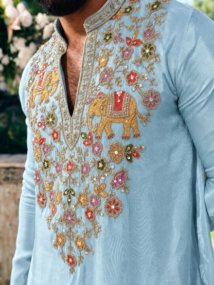 Sky Blue Tissue Silk Short Kurta Set with Embroidery and Bead Work