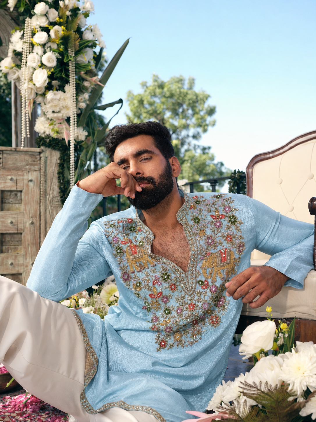 Sky Blue Tissue Silk Short Kurta Set with Embroidery and Bead Work