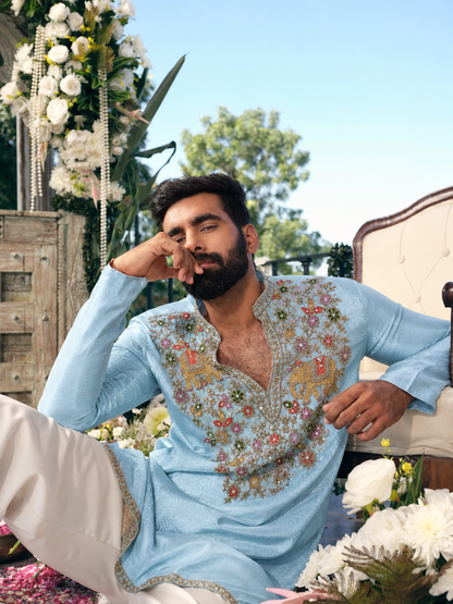 Sky Blue Tissue Silk Short Kurta Set with Embroidery and Bead Work