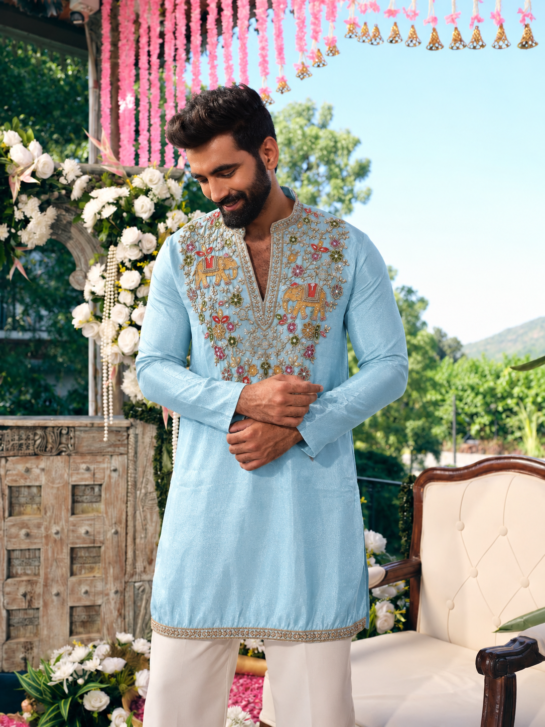 Sky Blue Tissue Silk Short Kurta Set with Embroidery and Bead Work