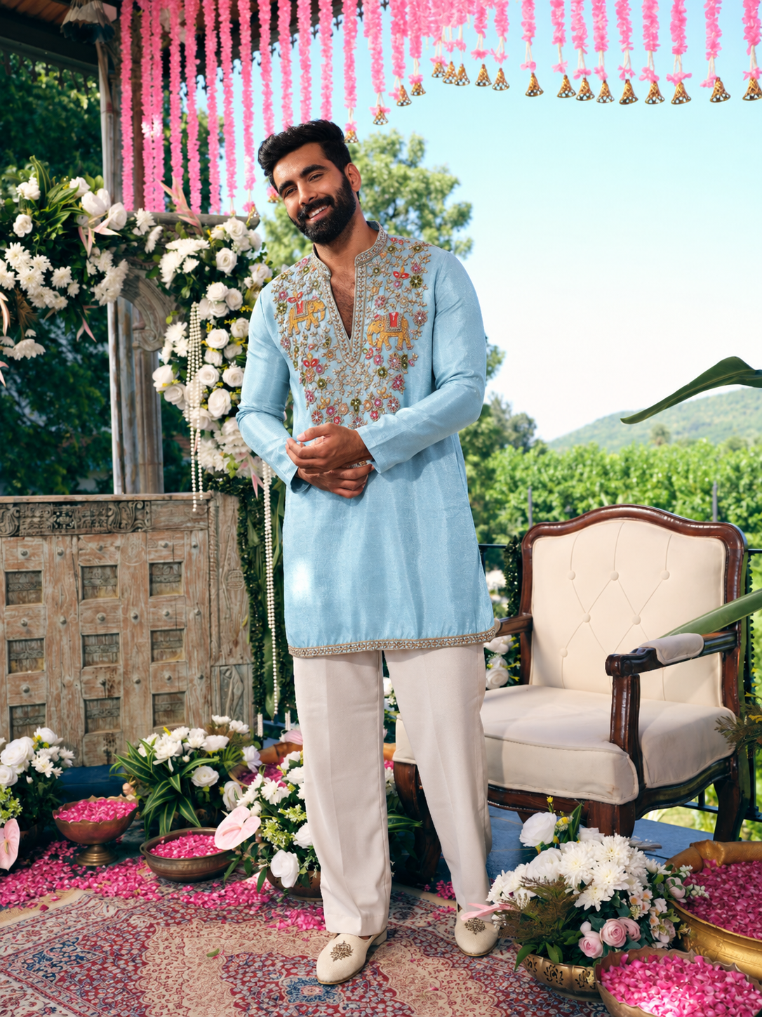 Sky Blue Tissue Silk Short Kurta Set with Embroidery and Bead Work
