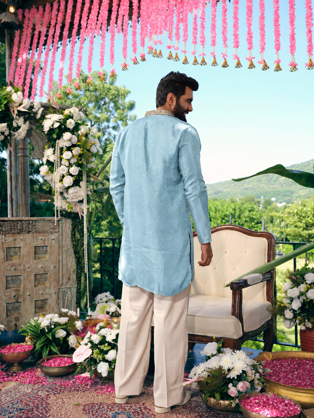 Sky Blue Tissue Silk Short Kurta Set with Embroidery and Bead Work