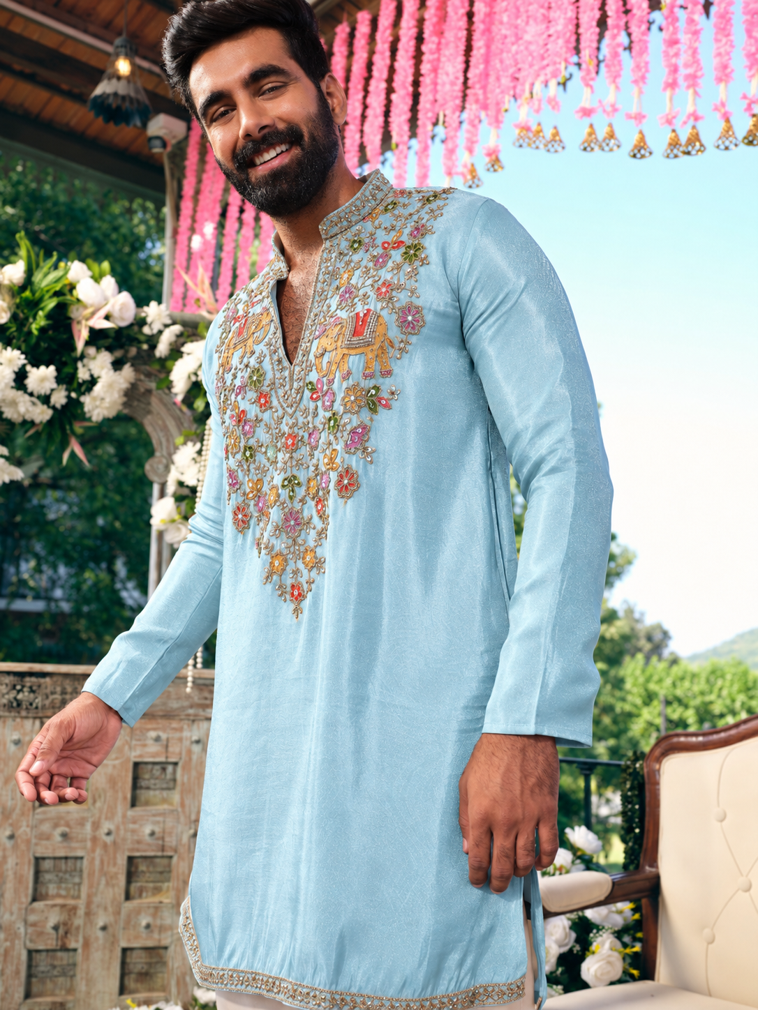 Sky Blue Tissue Silk Short Kurta Set with Embroidery and Bead Work
