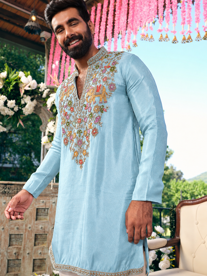 Sky Blue Tissue Silk Short Kurta Set with Embroidery and Bead Work