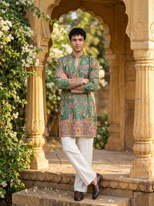 Sea Green Short Kurta Set with Position Print