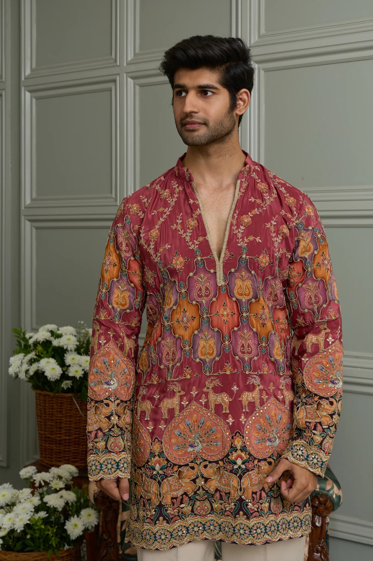 Green Natural Crepe Kurta-Bottom Set with Position Print & Cording