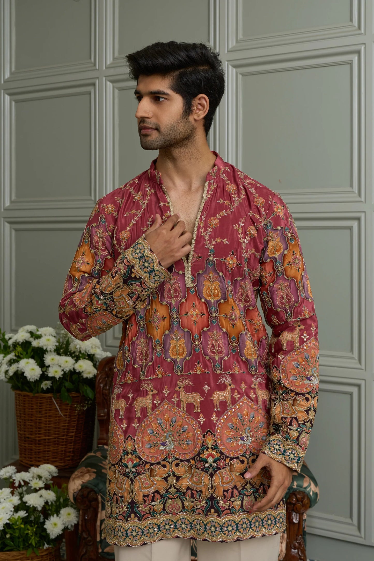 Green Natural Crepe Kurta-Bottom Set with Position Print & Cording