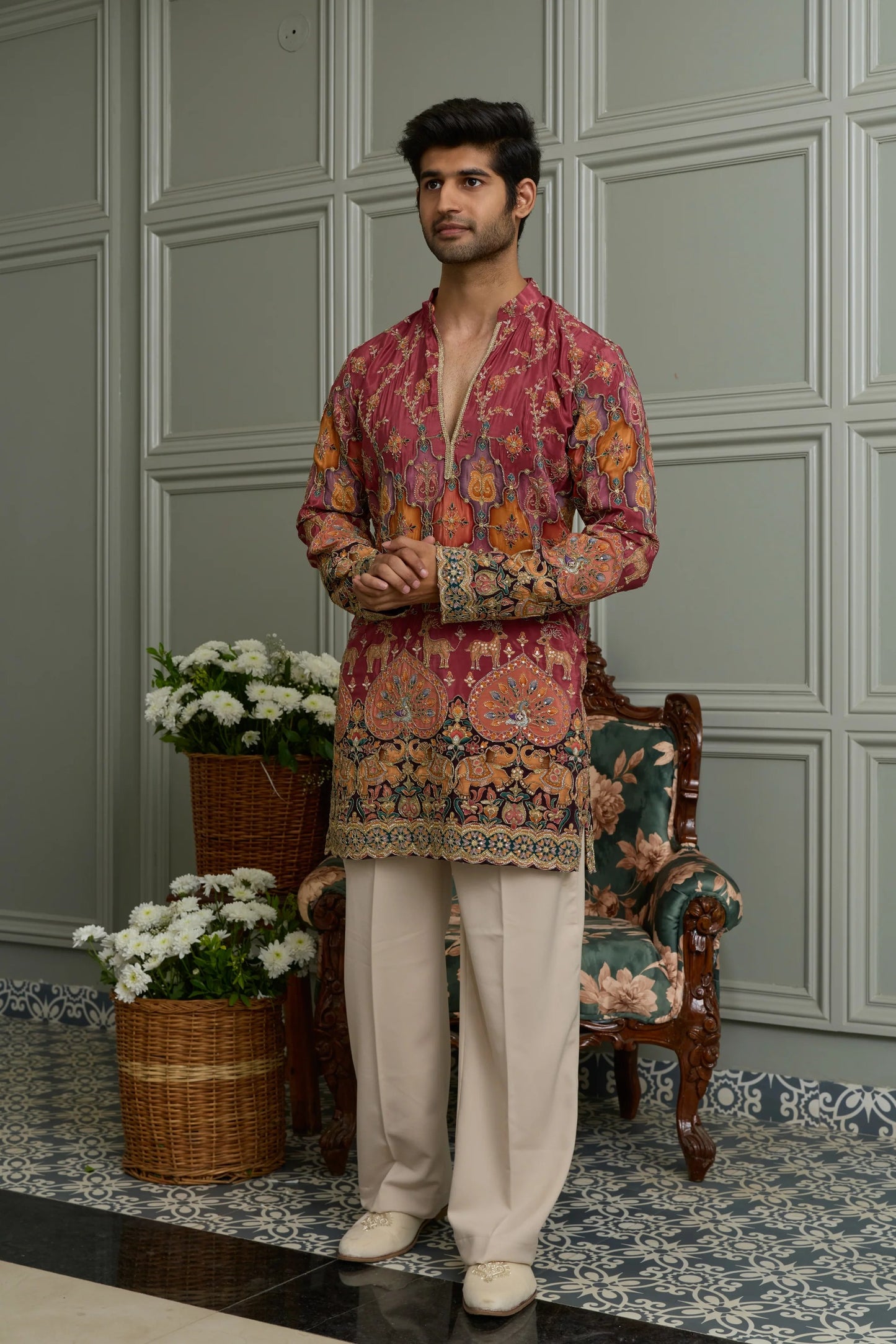 Green Natural Crepe Kurta-Bottom Set with Position Print & Cording