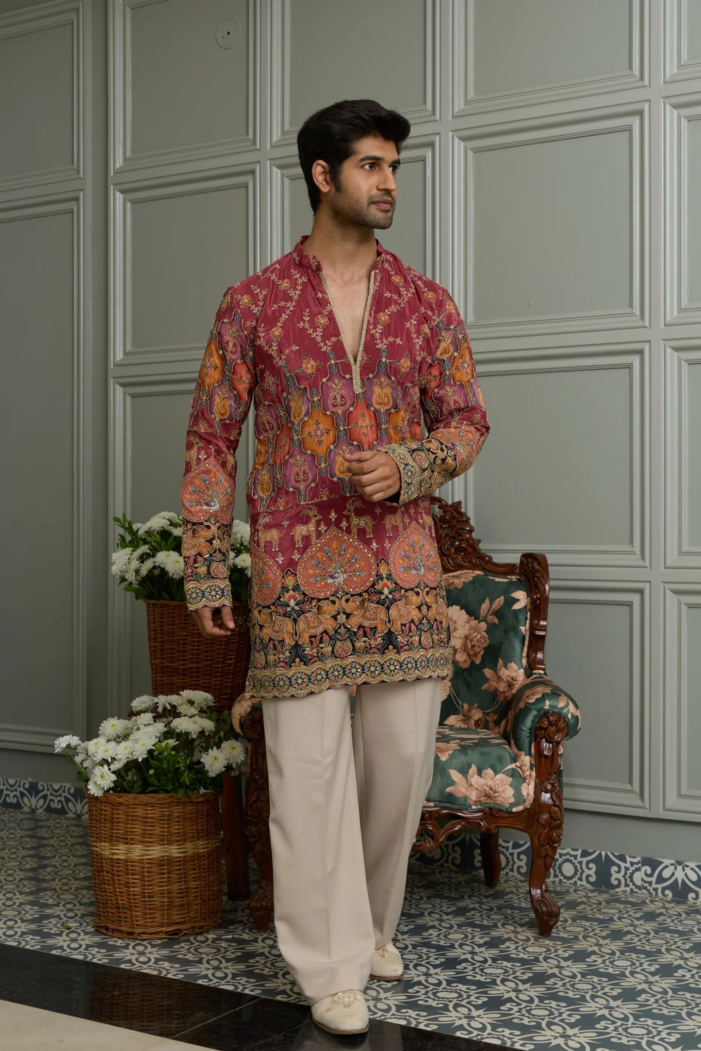 Green Natural Crepe Kurta-Bottom Set with Position Print & Cording