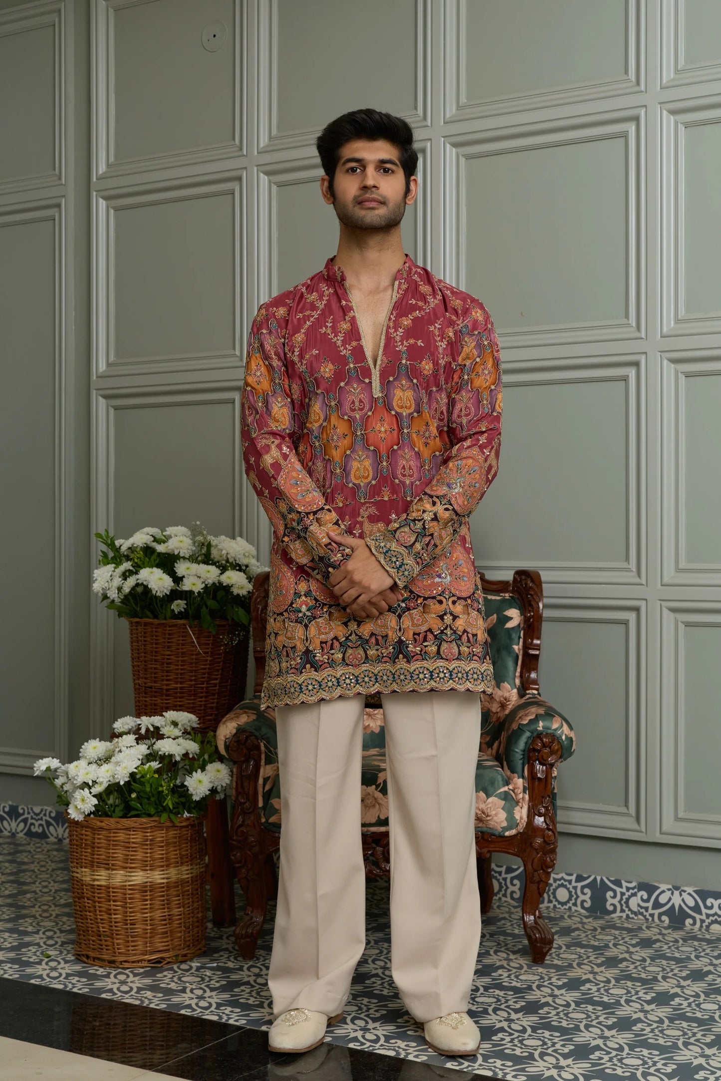 Green Natural Crepe Kurta-Bottom Set with Position Print & Cording
