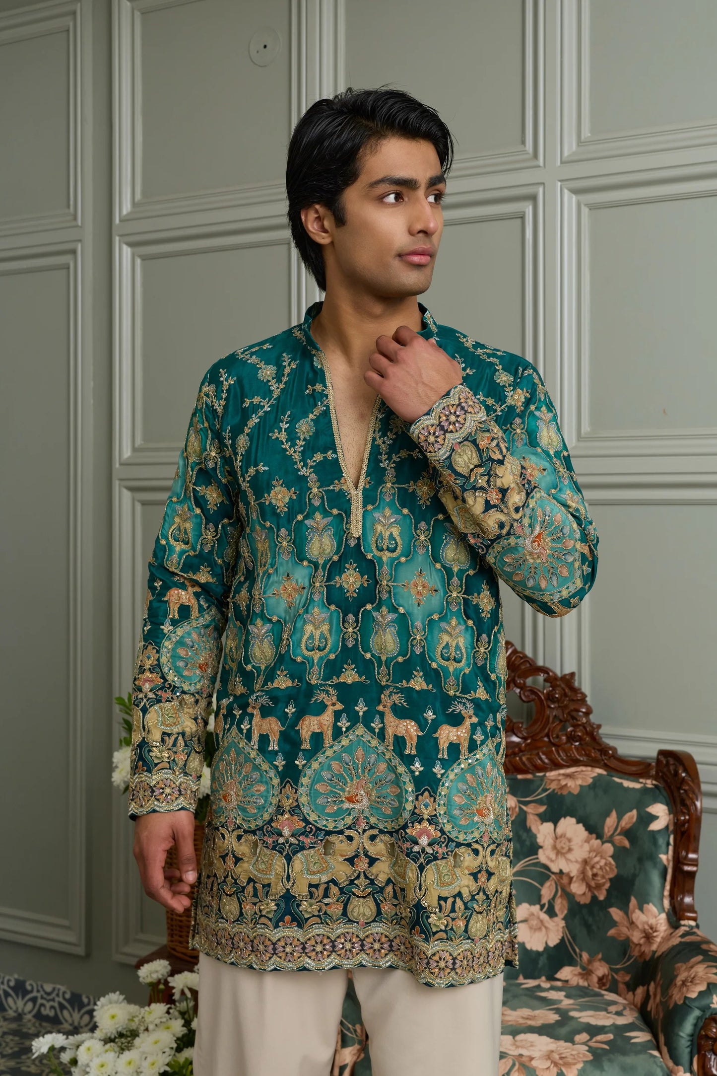 Pale Rose Natural Crepe Kurta-Bottom Set with Position Print & Cording