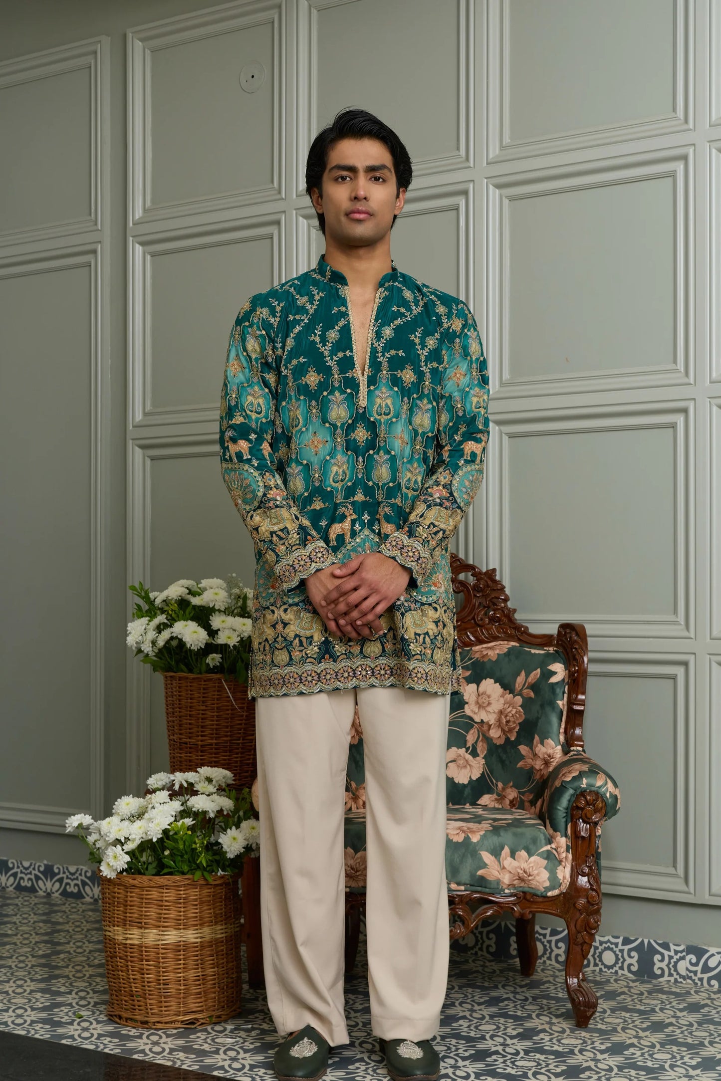 Pale Rose Natural Crepe Kurta-Bottom Set with Position Print & Cording