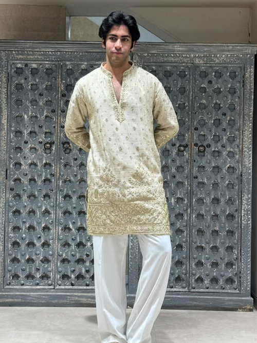 Cream Crush Tissue Short Kurta Set with Embroidery and Sequins
