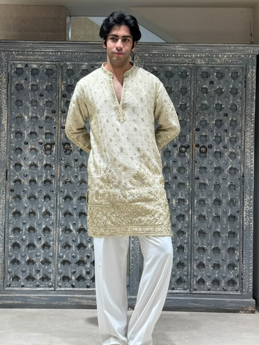 Cream Crush Tissue Short Kurta Set with Embroidery and Sequins