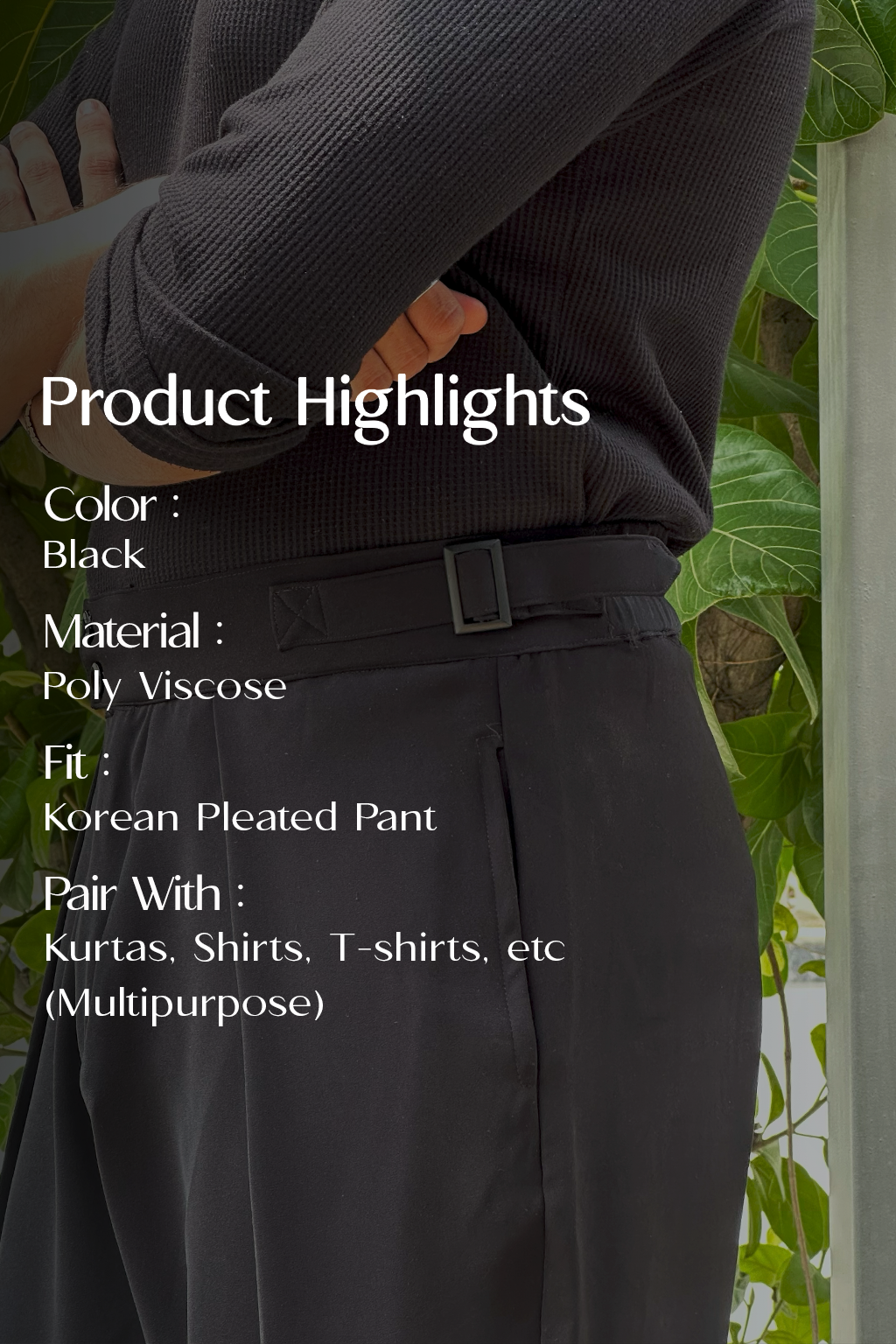 Black Korean Pleated Pant with Belt and Elastic Waist