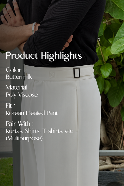 Butter Milk Korean Pleated Pant with Belt and Elastic Waist